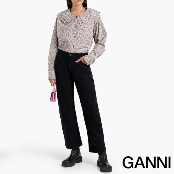 GANNI **NWT** Frost Gray Floral Print Cotton Poplin Double-Collar Shirt - Picture 7 of 16